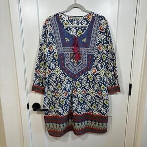 World Market Women L/XL Tunic Dress Embroidered Geometric Boho Tassel Aztec
